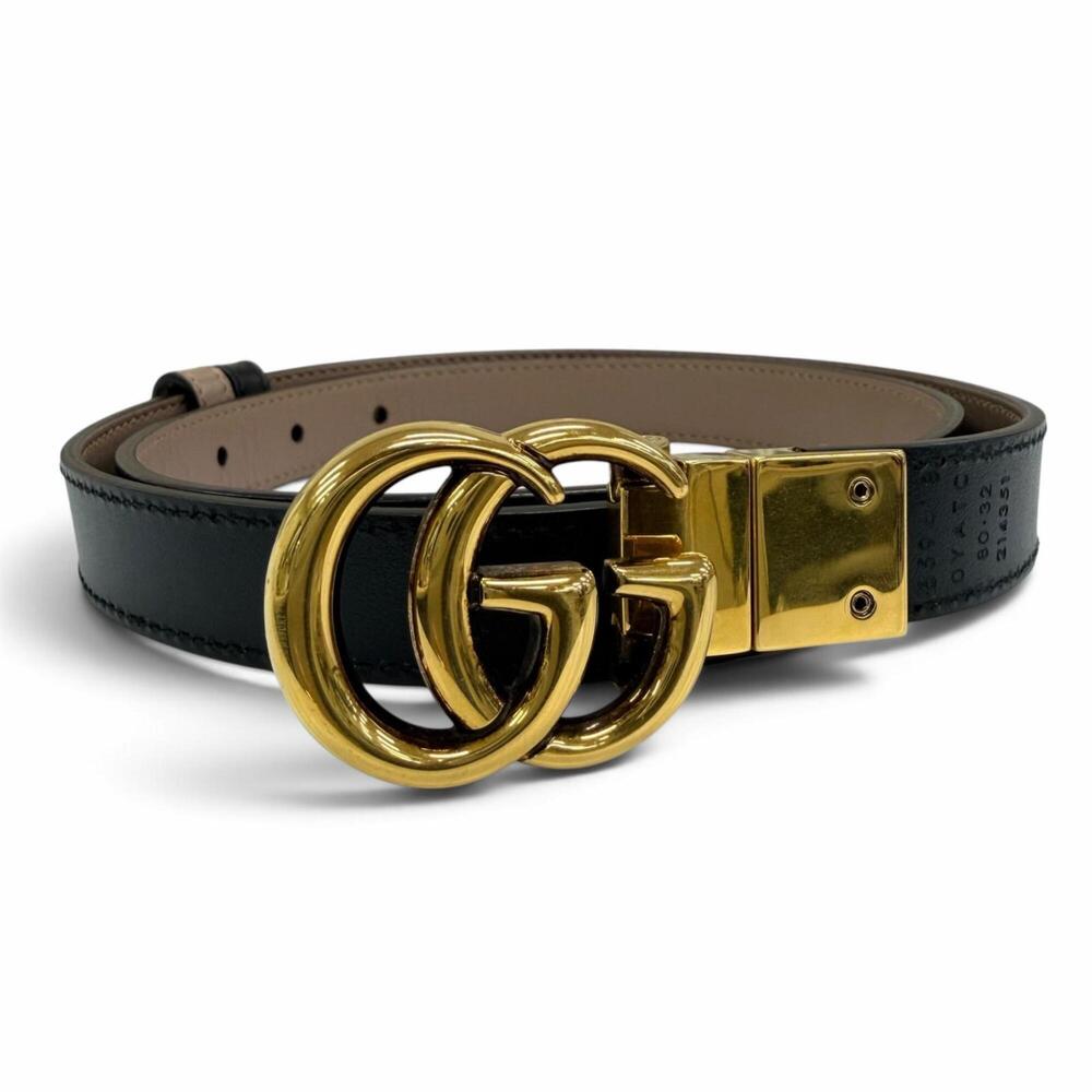 GUCCI 659418 GG Emblem Reversible Slim Leather Belt, Black/Pink Beige, Gold H...